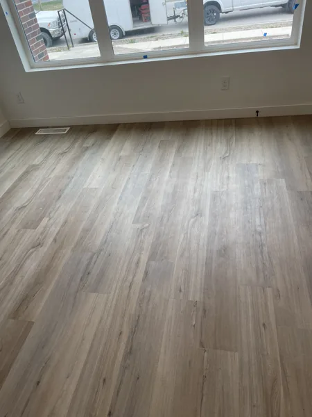 Wood-look plank flooring across the room near the walls and window.