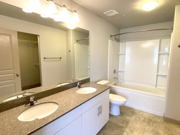 Bathroom vanity, fixtures and flooring.