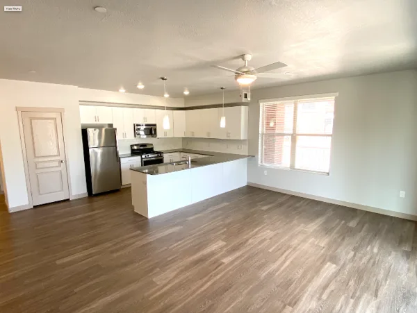 An open living area and adjoining kitchen with wood-look flooring.