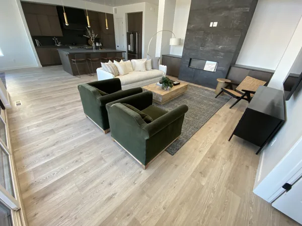 A higher view of the plank layout around the seating area.
