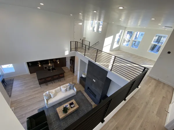 Flooring along the upper-level railing overlooking the main room.
